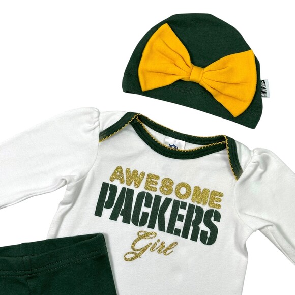 NFL Green Bay Packers Baby Girl Onesie Pants Hat Set 0-3 Months - Picture 7 of 10
